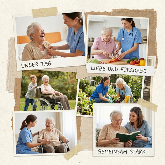 Pflegebedürftige Person wird bei verschiedenen Alltagsaktivitäten gezeigt, Collage-Stil