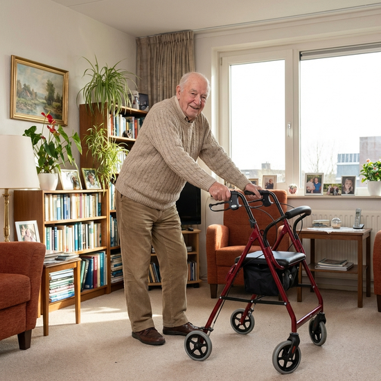 Senior stützt sich auf Rollator in der Wohnung, sicherer Gang