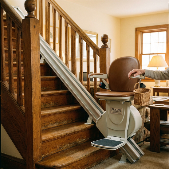 Detailaufnahme eines Treppenlifts an einer Holztreppe im Wohnhaus