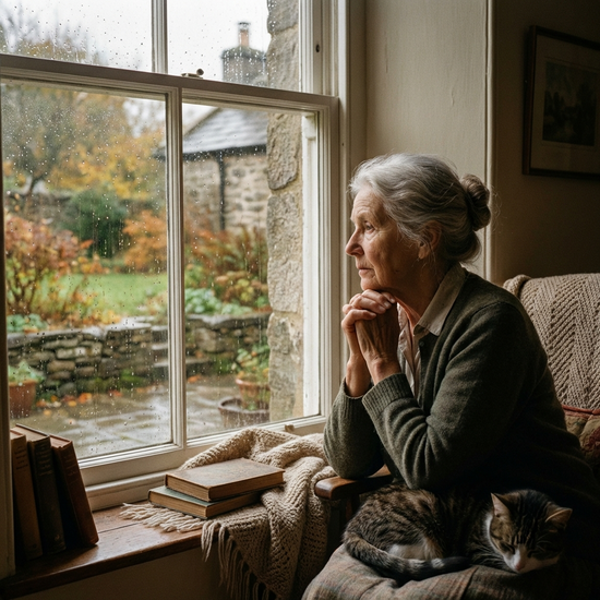 Ältere Dame schaut nachdenklich aus dem Fenster, ruhige Stimmung