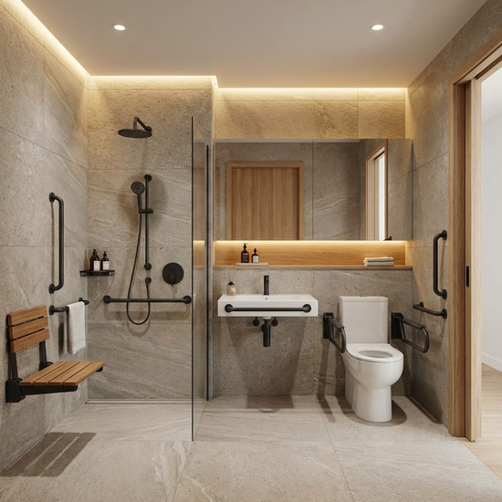 Modernes, barrierefreies Badezimmer mit Haltegriffen und Duschsitz
