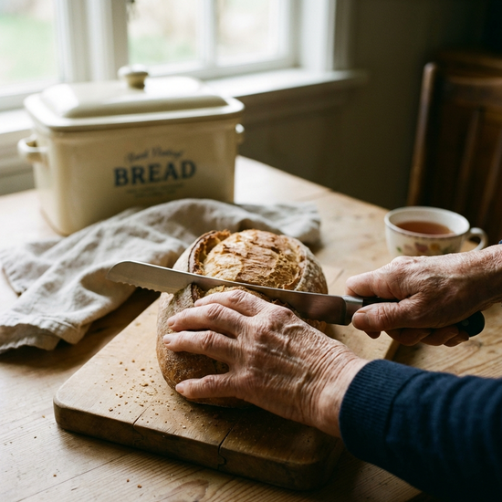Seniorin am Esstisch, schneidet Brot, Fokus auf Hände und Besteck