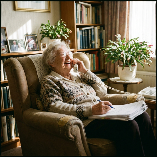 Seniorin sitzt entspannt im Sessel und telefoniert, hält dabei Unterlagen in der Hand