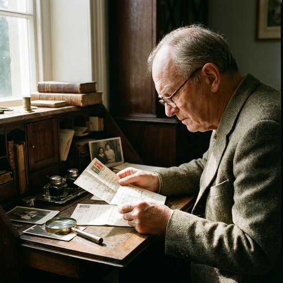 Älterer Herr studiert aufmerksam einen Brief am Schreibtisch