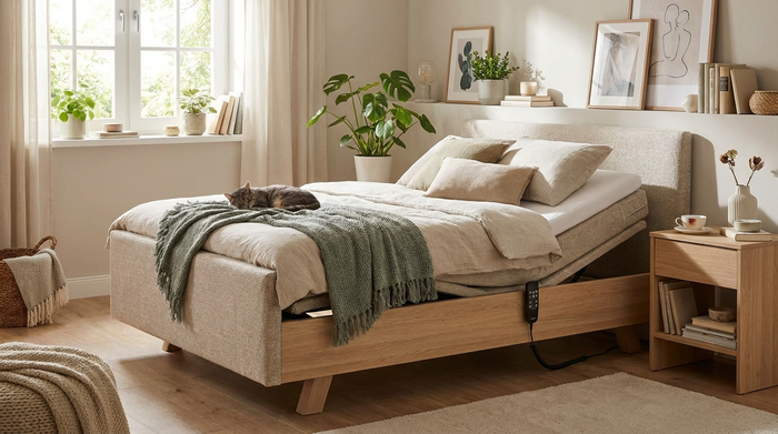 Modernes Pflegebett im häuslichen Schlafzimmer, gemütlich eingerichtet