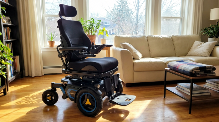 Elektrischer Rollstuhl steht bereit in heller Wohnumgebung