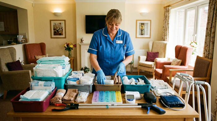 Pflegerin sortiert verschiedene Pflegehilfsmittel auf einem Tisch