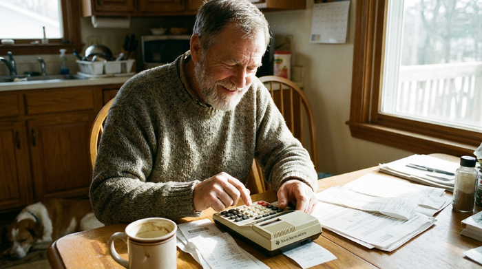 Älterer Herr sitzt am Tisch und rechnet zufrieden mit einem Taschenrechner