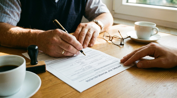 Hände füllen sorgfältig ein Formular aus