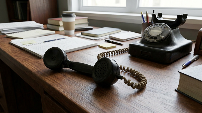 Telefonhörer liegt griffbereit auf einem Schreibtisch