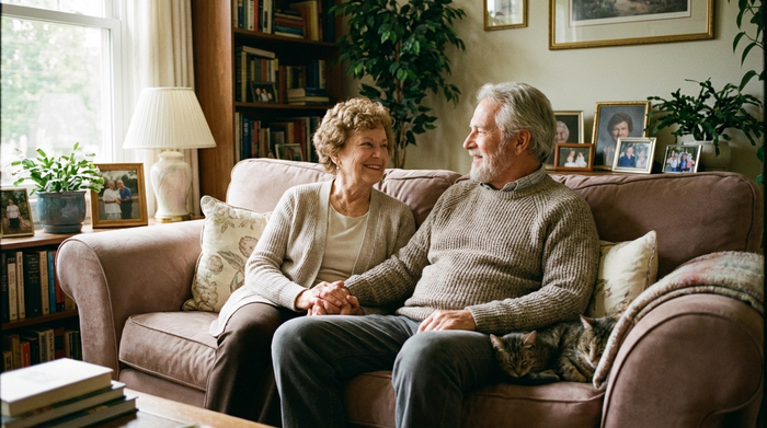 Zufriedenes Seniorenpaar sitzt entspannt auf dem Sofa