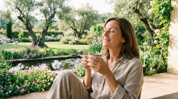 Entspannte Frau mittleren Alters genießt einen Kaffee auf der Terrasse, atmet tief durch, im Hintergrund ein gepflegter Garten, Atmosphäre der Erholung.