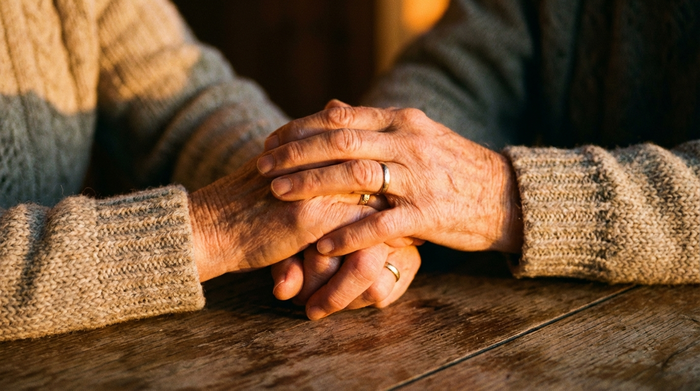 Hände zweier Menschen halten sich unterstützend, Detailaufnahme, warmes Licht.