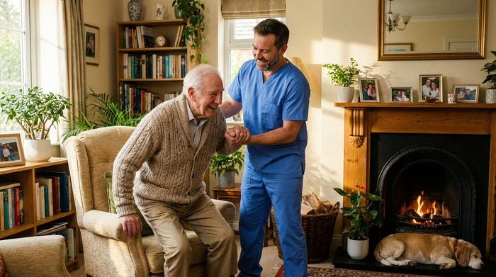 Freundlicher Pfleger hilft einem Senior beim Aufstehen aus dem Sessel im gemütlichen Wohnzimmer, beide lächeln.