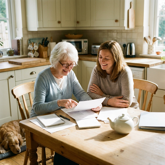 Seniorin und ihre Tochter sitzen am Küchentisch und besprechen entspannt Unterlagen, beide wirken zufrieden.