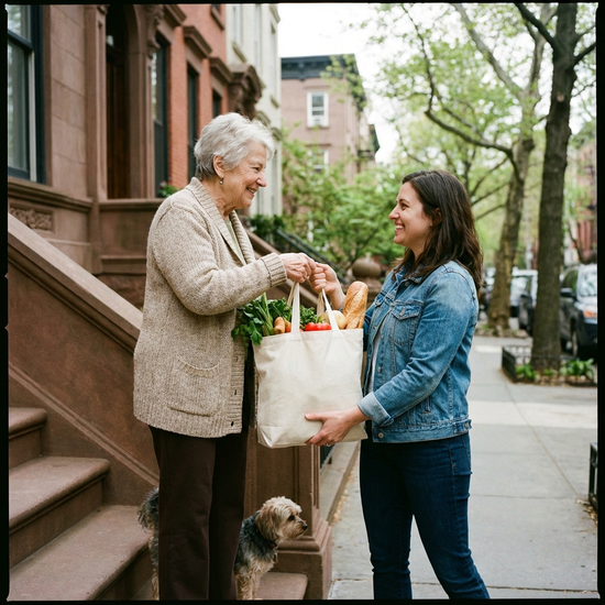 Nachbarin übergibt einer älteren Dame an der Haustür freundlich eine Einkaufstasche.