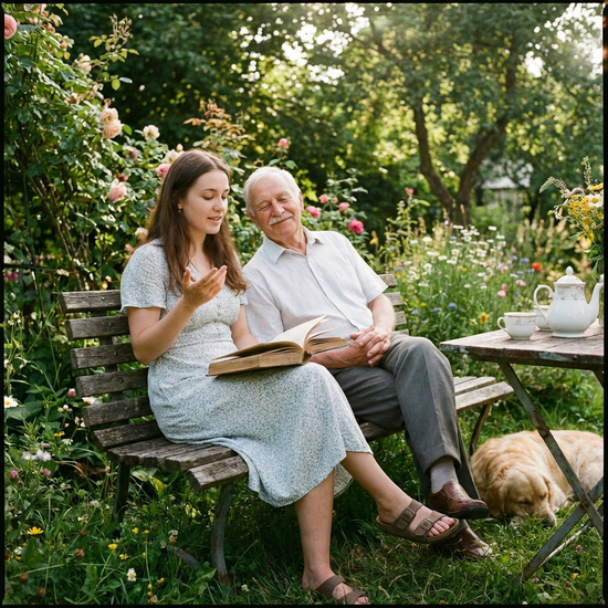 Junge Frau liest ihrem Großvater im Garten aus einem Buch vor, beide genießen die Zeit.