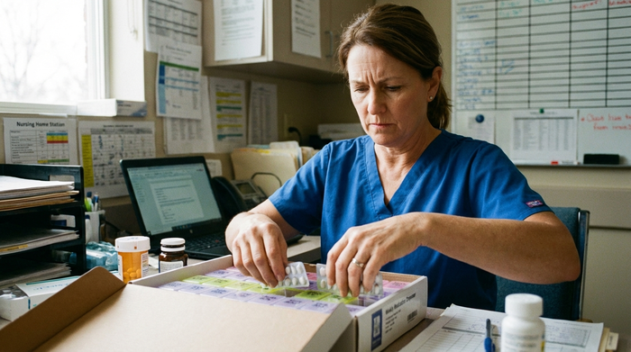 Pflegerin sortiert Medikamente in eine Box, konzentrierter Blick.