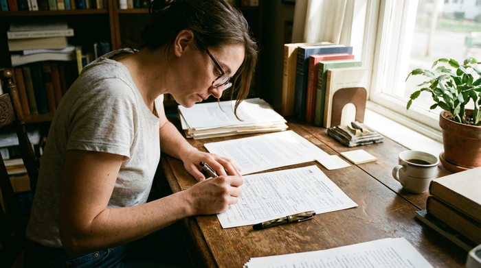 Person füllt sorgfältig ein Formular am Tisch aus, daneben ein Stift.