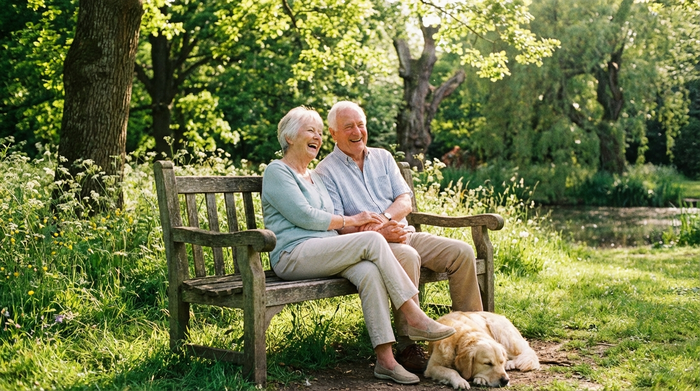 Glückliches Seniorenpaar sitzt entspannt auf einer Parkbank im Grünen, die Sonne scheint.