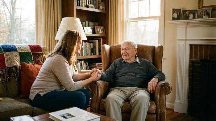 Eine Frau hält liebevoll die Hand eines älteren Mannes, der entspannt im Sessel sitzt, warmes Licht, vertraute familiäre Atmosphäre.