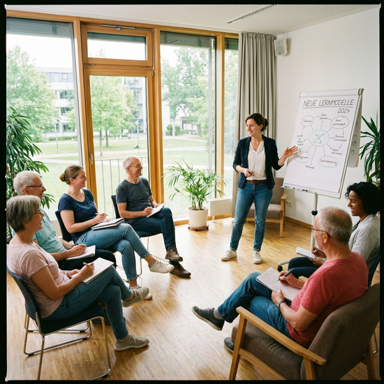 Eine kleine Gruppe von Menschen sitzt in einem hellen Seminarraum und hört einer Dozentin zu, die etwas erklärt.