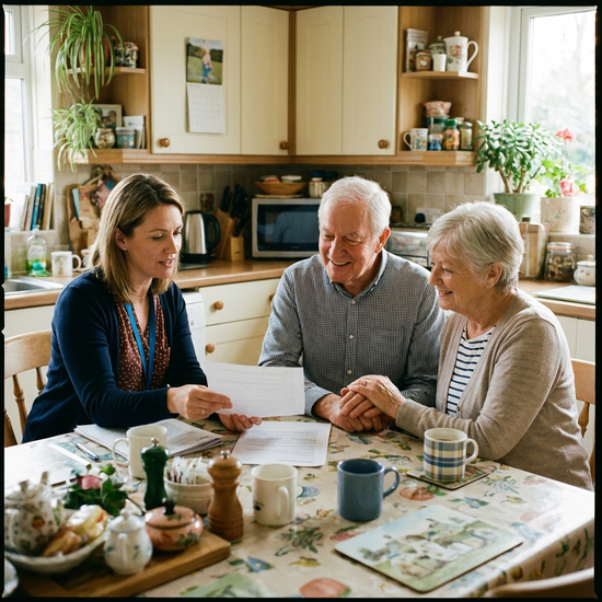 Eine Pflegeberaterin sitzt mit einem älteren Ehepaar am Küchentisch und bespricht entspannt Unterlagen.