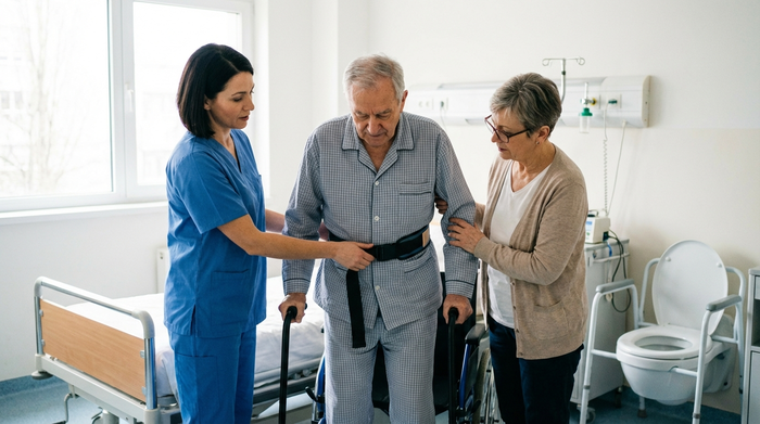 Eine Pflegerin zeigt einer Angehörigen den sicheren Transfer vom Bett in den Rollstuhl.