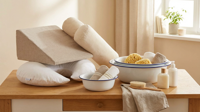 Verschiedene Pflegehilfsmittel wie Lagerungskissen und Waschschüsseln sind ordentlich auf einem Tisch arrangiert.