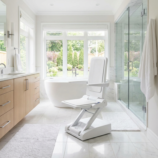 Ein moderner, weißer Badewannenlift in einem gepflegten, hellen Badezimmer.