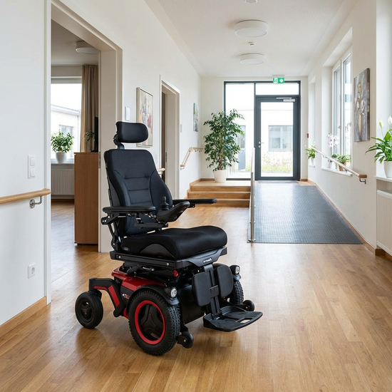 Ein elektrischer Rollstuhl steht bereit in einem geräumigen, barrierefreien Flur.
