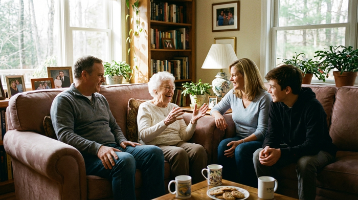 Seniorin im Gespräch mit Angehörigen, entspannte Atmosphäre im Wohnzimmer