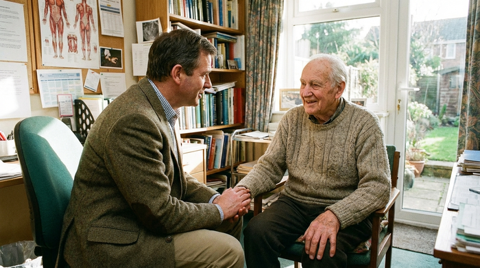 Arzt im Gespräch mit älterem Patienten