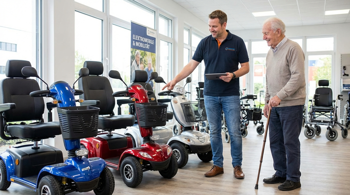 Fachberater zeigt Senior verschiedene Elektromobile