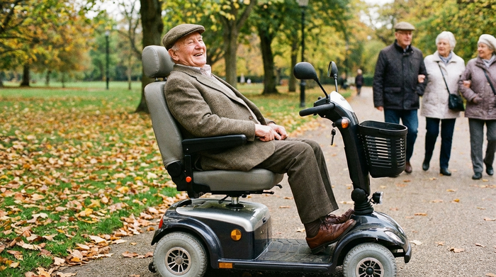 Senior testet Sitzkomfort auf einem Scooter