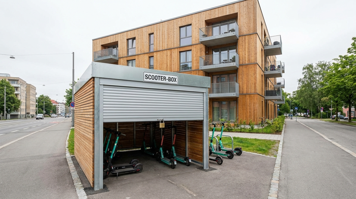 Kleine abschließbare Scooter-Garage vor einem Mehrfamilienhaus