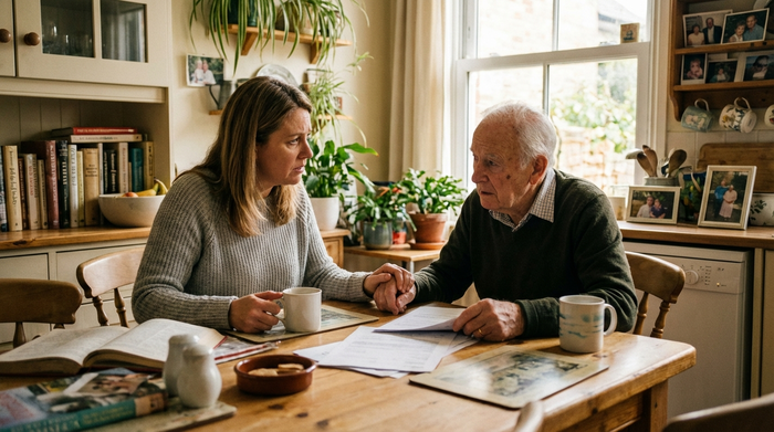 Besorgte Tochter sitzt mit ihrem älteren Vater am Küchentisch und bespricht Dokumente, warme und vertrauensvolle Atmosphäre.