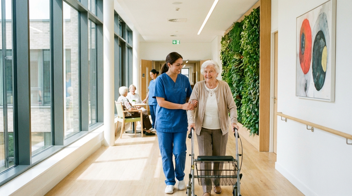 Pflegerin unterstützt Seniorin beim Gehen im Flur einer modernen Einrichtung, beide lächeln.