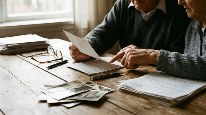 Seniorenpaar beim Sortieren von Unterlagen am Tisch, Fokus auf Hände und Gestik, eine ruhige und konzentrierte Szene.