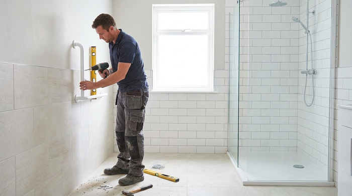 Handwerker montiert einen weißen Haltegriff an einer hellen Badezimmerwand.