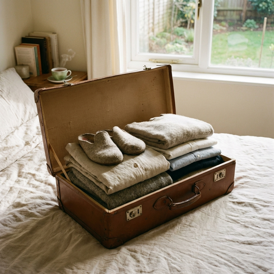 Geöffneter Reisekoffer auf einem Bett, darin ordentlich gefaltete bequeme Kleidung und Hausschuhe.