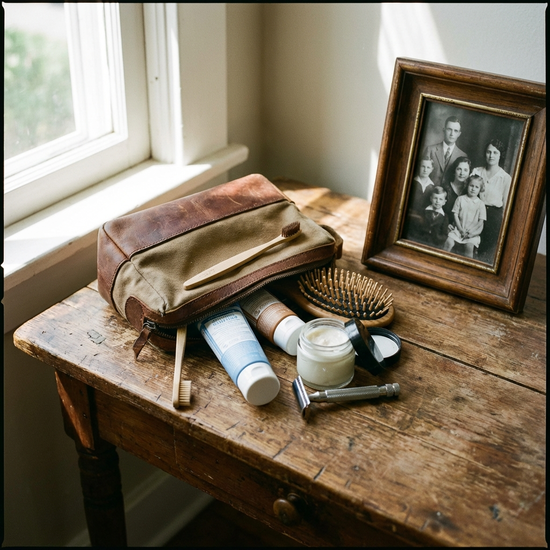 Kulturtasche mit Pflegeprodukten, Zahnbürste und einem gerahmten Familienfoto auf einem Holztisch.