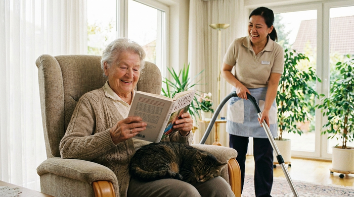 Seniorin sitzt entspannt im Sessel und liest ein Buch, während im Hintergrund eine Haushaltshilfe staubsaugt, freundliche und helle Atmosphäre.