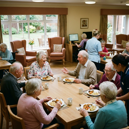 Senioren beim gemeinsamen Essen und Gespräch in einer Tagespflege-Einrichtung.