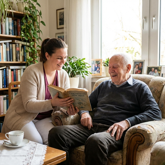Pflegerin liest einem Senior in seinem Wohnzimmer aus einem Buch vor.