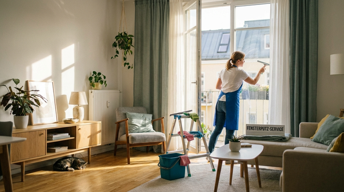 Haushaltshilfe beim Fensterputzen in heller, gepflegter Wohnung.