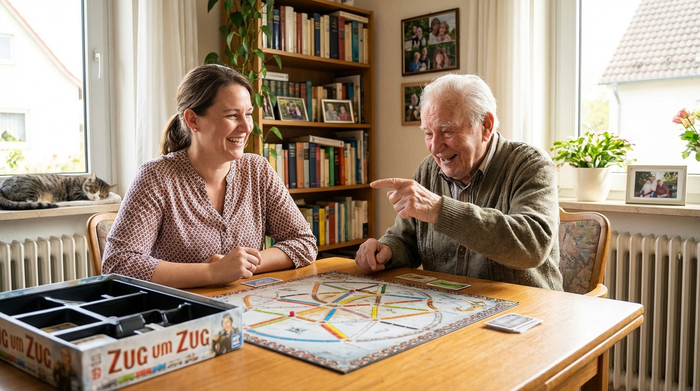 Betreuerin und Senior spielen gemeinsam ein Brettspiel am Tisch.