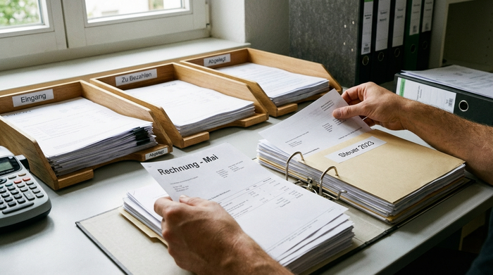 Nahaufnahme von Händen, die Dokumente und Rechnungen auf einem ordentlichen Schreibtisch sortieren, Fokus auf Organisation.