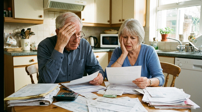 Älteres Ehepaar sitzt am Küchentisch und blickt besorgt auf viele Papierstapel und Formulare, wirkt etwas überfordert.