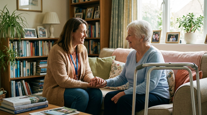 Freundliche Pflegeberaterin im Gespräch mit einer Seniorin im heimischen Wohnzimmer, beide lächeln.